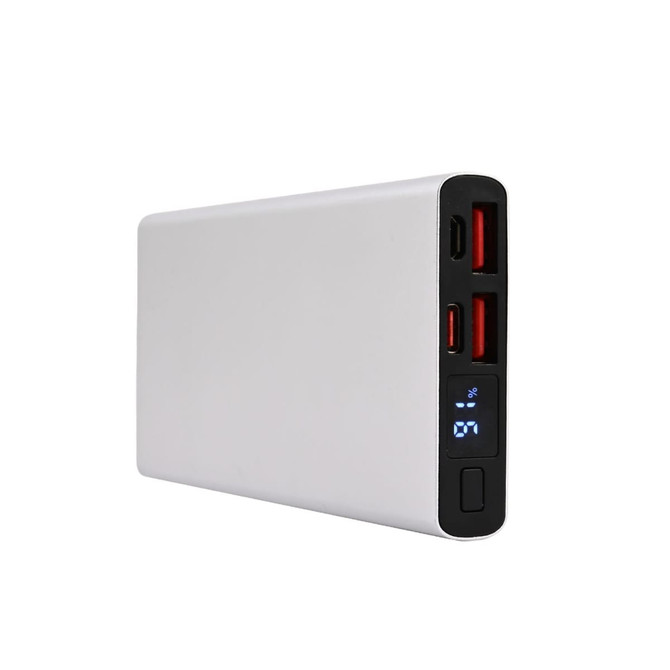 A silver power bank with multiple USB ports and a display, designed for charging devices.