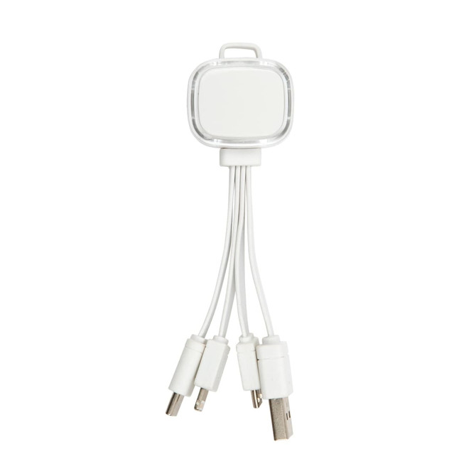 A white charging cable with three connectors, designed for multiple device compatibility, featuring a sleek design.