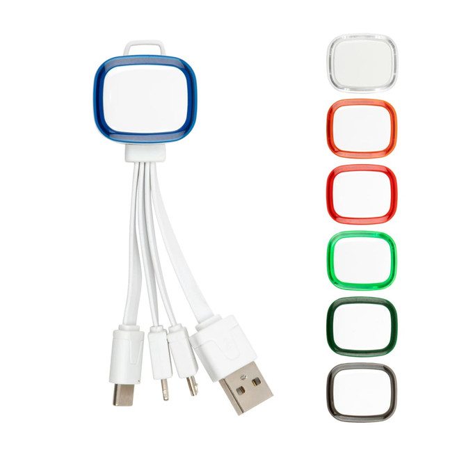 A charging cable with a multi-colour connector and three different types of charging ends, featuring a logo.