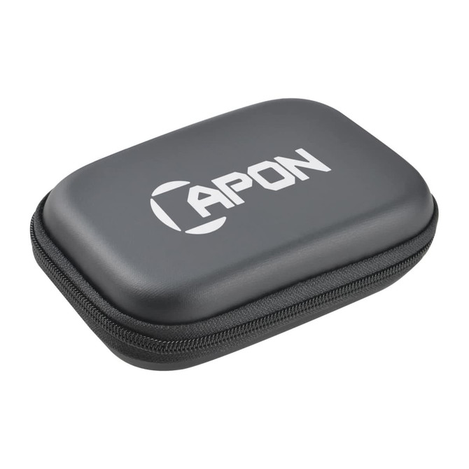 A black zippered case with a logo, designed for storing cables or small electronics.