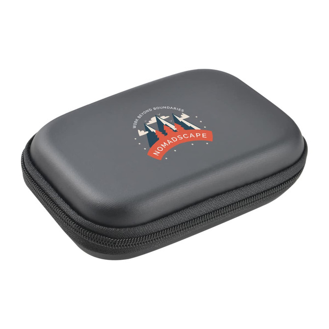 A grey zippered hard case with a logo on the front, designed for carrying small items or technology.