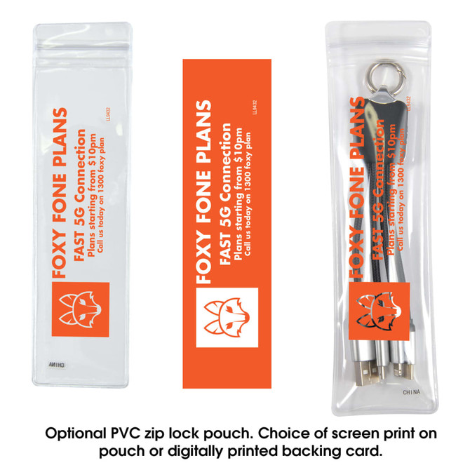 A transparent PVC zip lock pouch containing a backing card and keychain accessories, featuring orange and white colors.