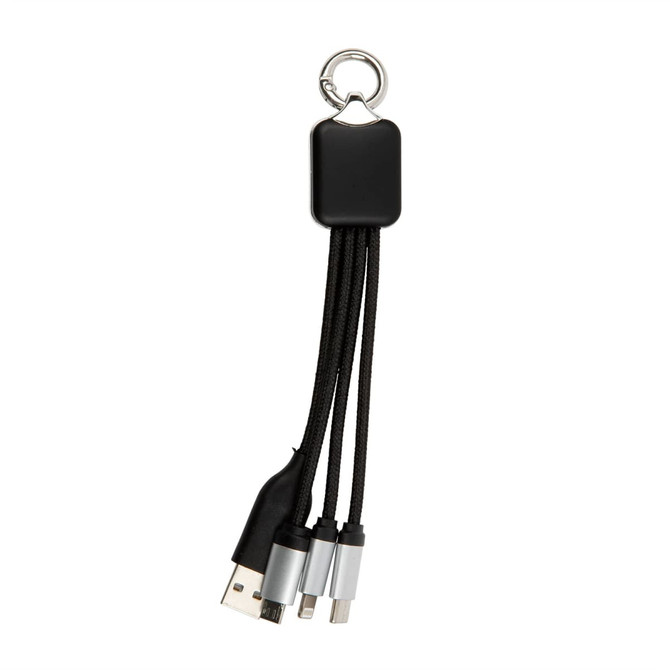 A black and silver charging cable with multiple connectors, featuring a keychain attachment.