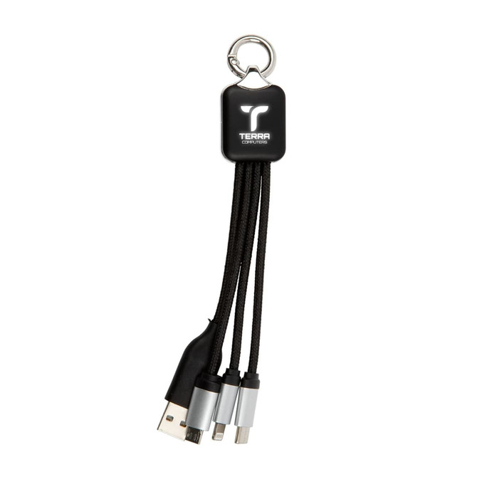 A black charging cable with three connectors and a keyring attachment, featuring a logo.