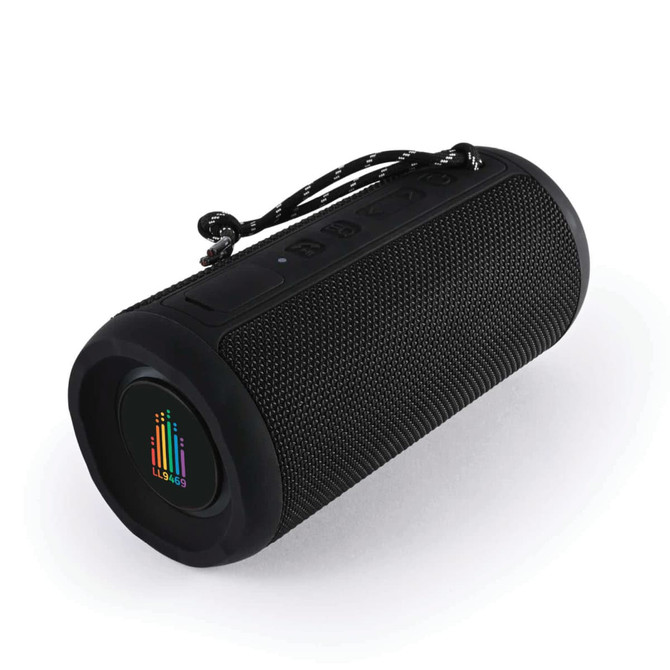 A black and textured cylindrical Bluetooth speaker with a carry strap and a logo on the front.