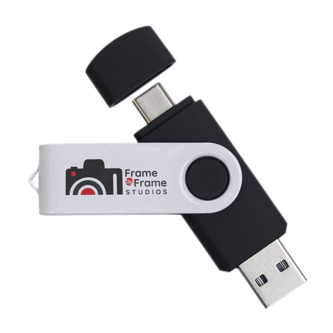 A dual 8GB swivel USB flash drive in black with a white section featuring a logo.