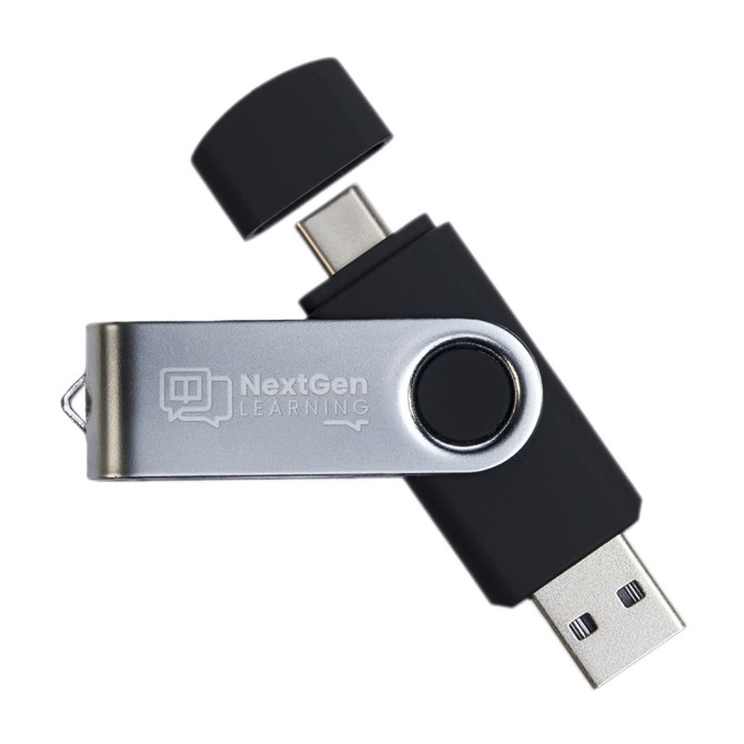 A swivel USB flash drive in black and silver, featuring dual connectors for versatility. Includes a brand logo.