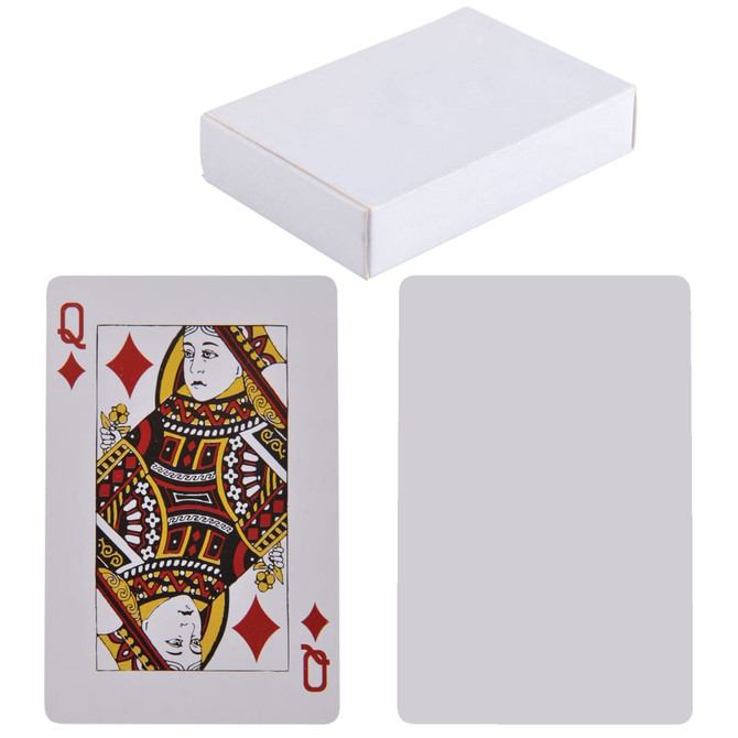 A deck of playing cards featuring a Queen of Diamonds card, accompanied by a blank card, housed in a simple white box.