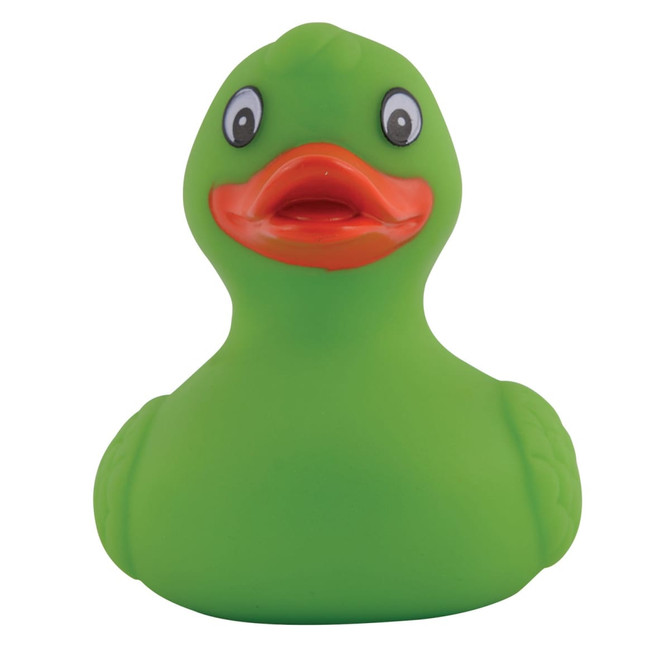 A bright green PVC bath duck with a smiling expression and an orange beak.