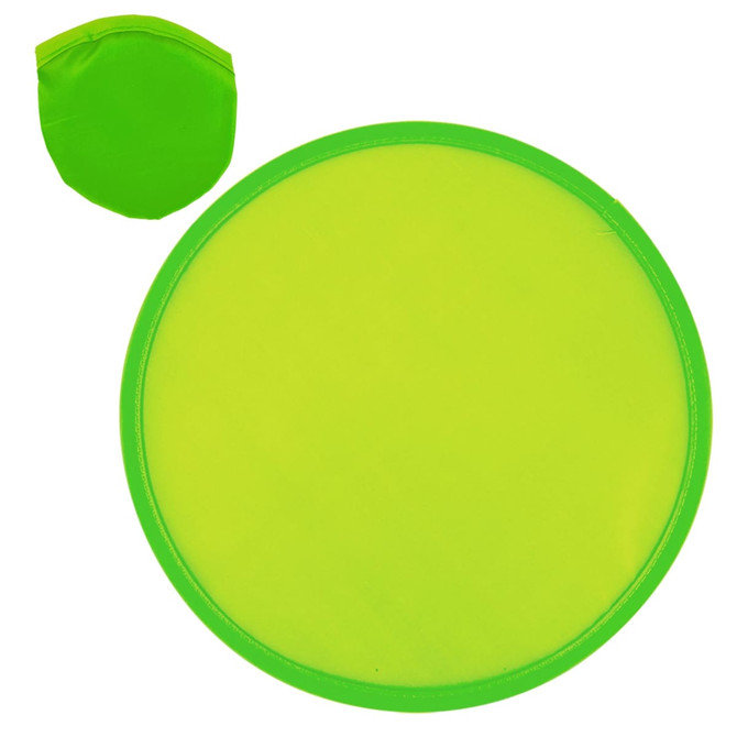 A bright green round promotional product with a matching smaller pouch. Features a smooth surface and a contrasting edge.