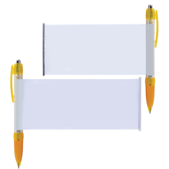 A plastic pen with a transparent banner feature, featuring a yellow grip and trim, and a white background.