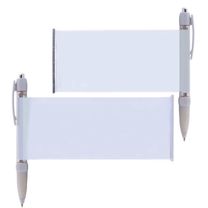 A plastic pen featuring a banner section in clear plastic with a white grip and tip. It has branding on the pen.