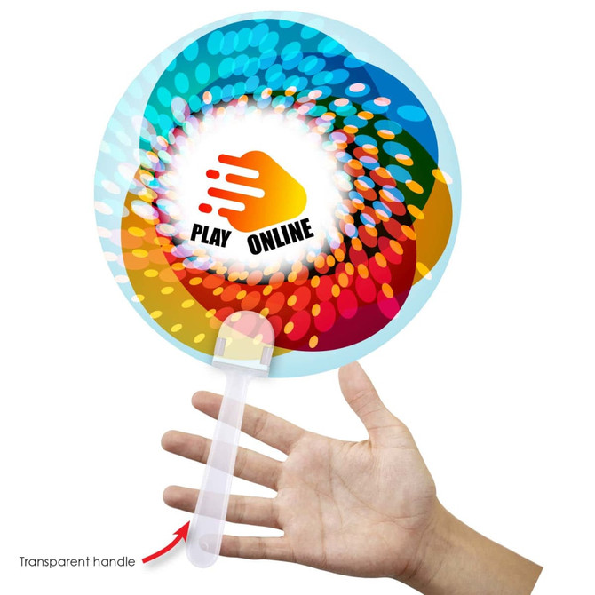 A colorful fan with a transparent handle, featuring a swirling design and a playful graphic in the center.