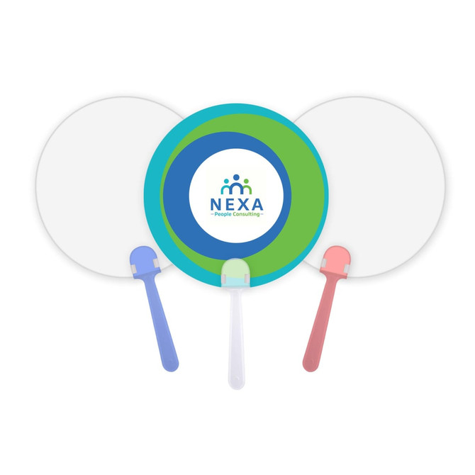 A set of three circular hand fans in blue, pink, and white, featuring a logo in the centre.