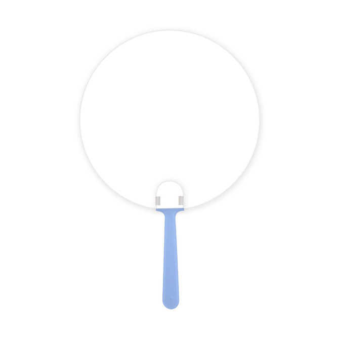 A round, blue handle fan with a large white fan surface, featuring a logo on the handle.