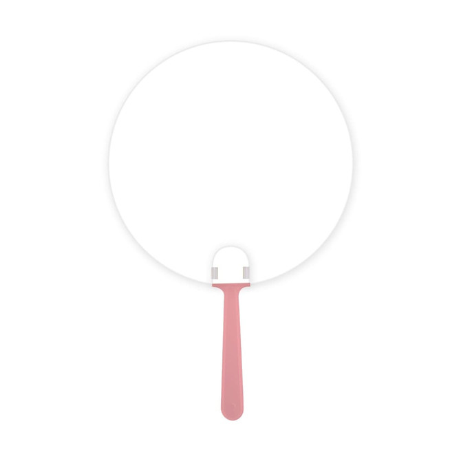 A round, pink-handled fan with a white surface, designed for promotional use. Features a branding logo on the handle.