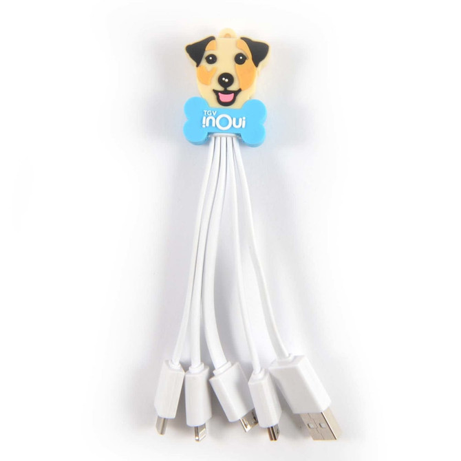 A Custom Topper PVC Cable featuring a dog-shaped design with multiple charging connectors.