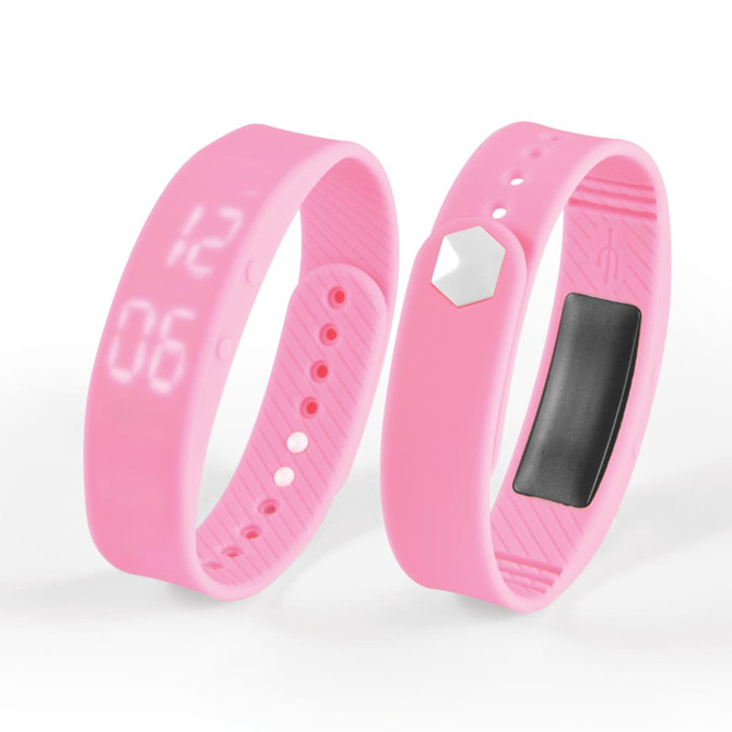 A pink Stride Pedometer Bracelet 2.0 featuring a digital display and a USB connector.