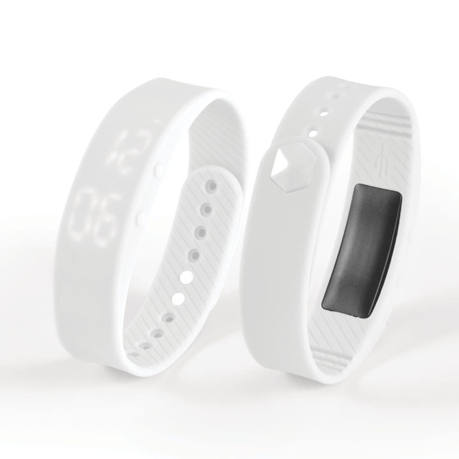 A white Stride Pedometer Bracelet 2.0 with a digital display and a black sensor section. It has a logo on the band.
