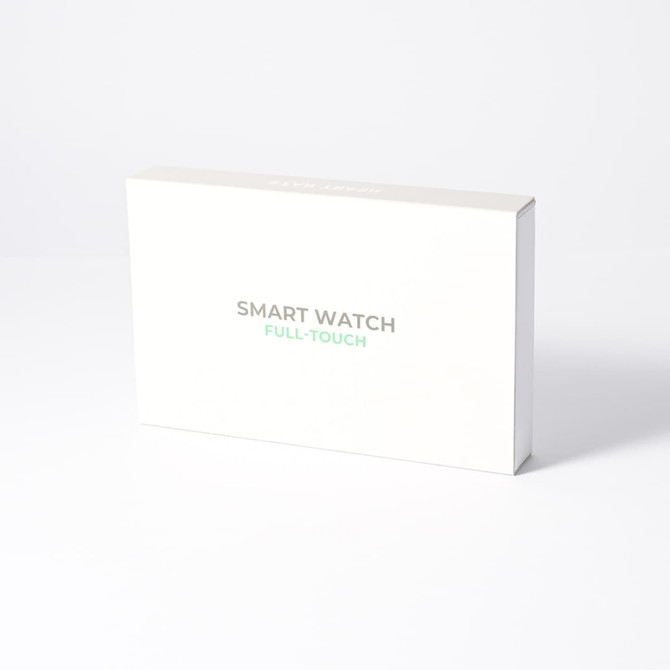 A white box containing a smart watch, featuring a simple design with minimal text and a logo.