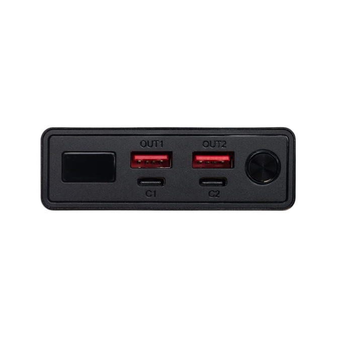 A black power bank featuring two USB output ports, a USB-C port, and a control dial. It includes a logo.
