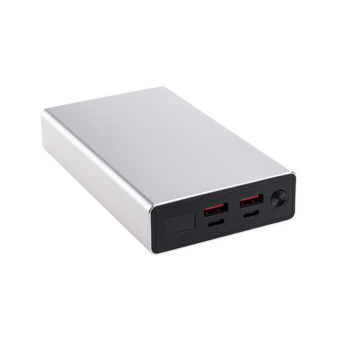 A silver power bank with multiple USB ports and a logo, designed for charging mobile devices.