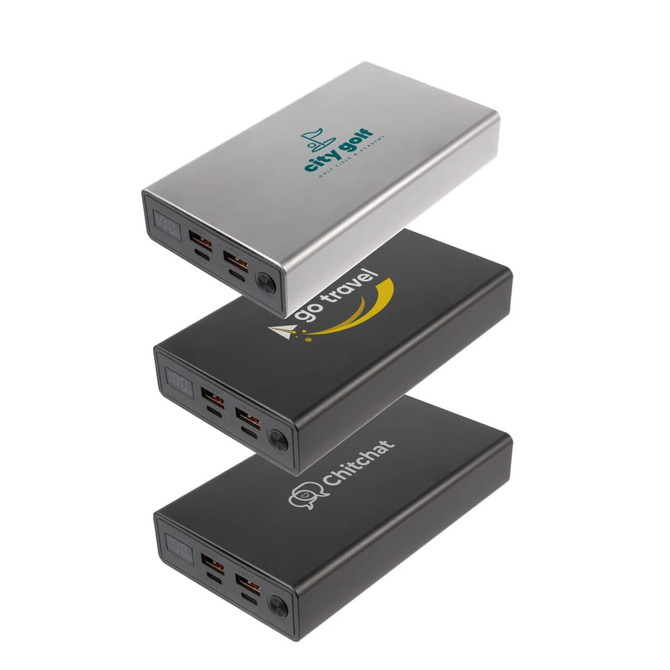 Three power banks stacked in a stack, featuring silver and black colors, each displaying a different logo.