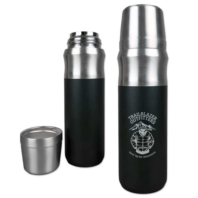 A drink bottle in matte black with silver accents and a logo, designed for outdoor use.