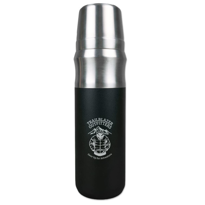 A drink bottle with a stainless steel top and a matte black body, featuring a logo.