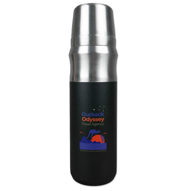 A drink bottle featuring a black body with a silver top, showcasing a branded logo and design.
