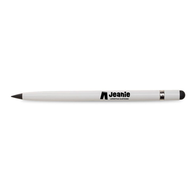 A white aluminium inkless pen with a silver tip and a logo on the barrel.