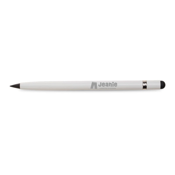 A white aluminium inkless pen with a sleek design and a subtle logo on the barrel.
