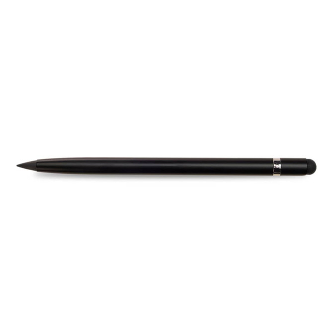 A black aluminium inkless pen with a sleek design and a metallic accent. It features a logo on the barrel.