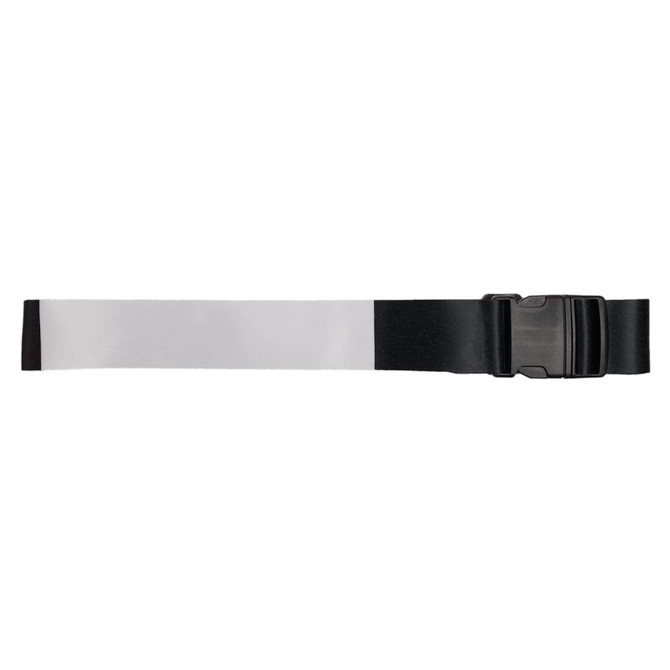 A luggage strap featuring a black adjustable buckle and a wide, reflective silver band for enhanced visibility.