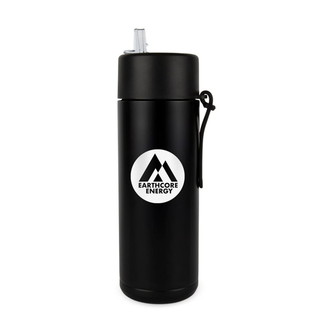 A drink bottle featuring a sleek black design with a logo and a straw lid. It holds 600ml.