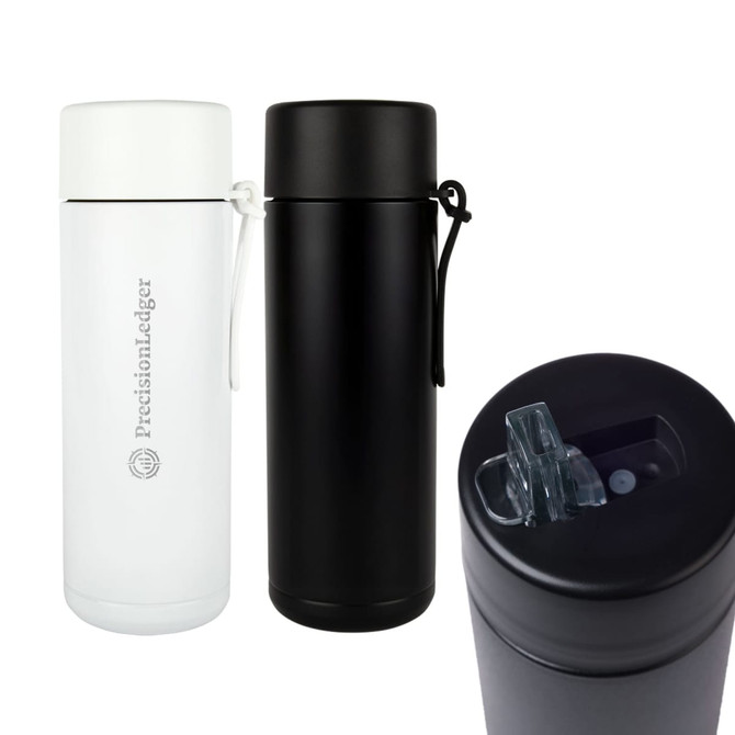 A drink bottle featuring a sleek design in white and black, with a logo and a spout for easy sipping.