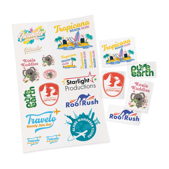 A sheet of colorful adhesive stickers featuring various designs, logos, and illustrations, including koalas and travel themes.