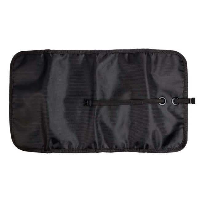 A black toiletry bag organizer with an open design, featuring various compartments and a closure mechanism.