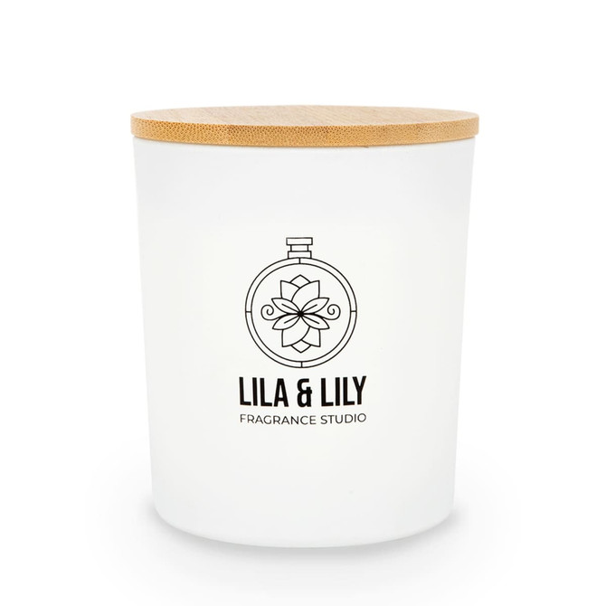 A medium glass candle with a white frosted finish and a bamboo lid, featuring a logo.
