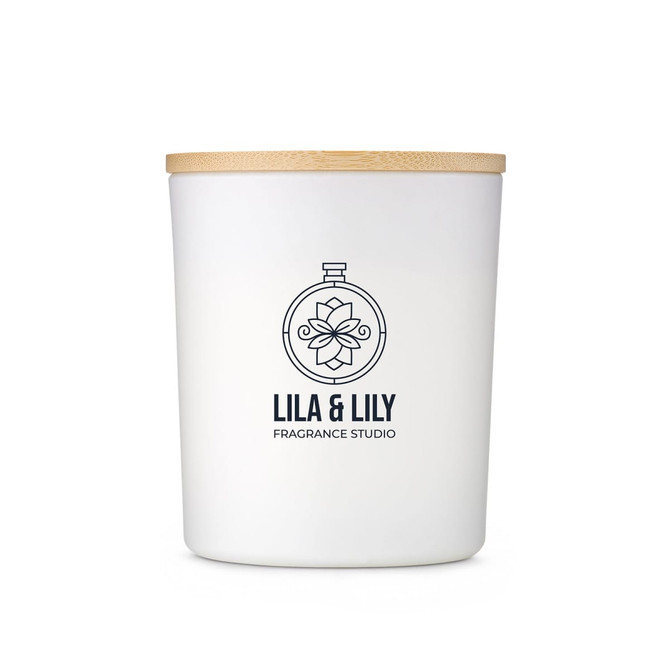 A large white glass candle with a wooden lid and a logo, featuring a floral design.