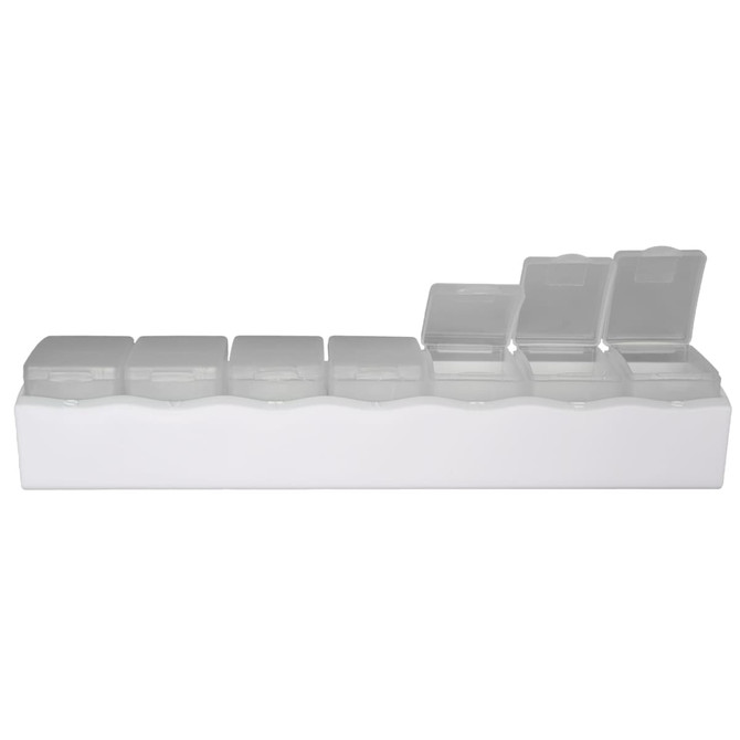 A weekly pill box featuring seven compartments, each with a transparent lid for easy access.