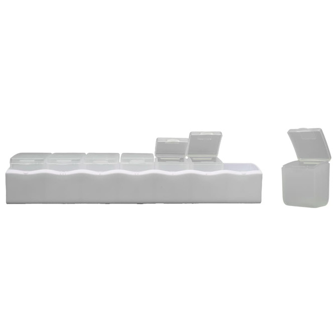 A white weekly pill box with individual compartments and clear lids, designed to organize medication for each day.
