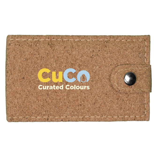 A cork manicure set featuring a brown exterior with a snap closure, displaying the logo "CuCo Curated Colours."