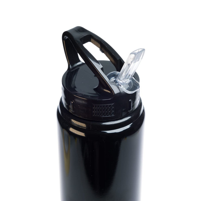 A drink bottle featuring a flip straw lid, designed for convenience and ease of use, with a sleek black finish.