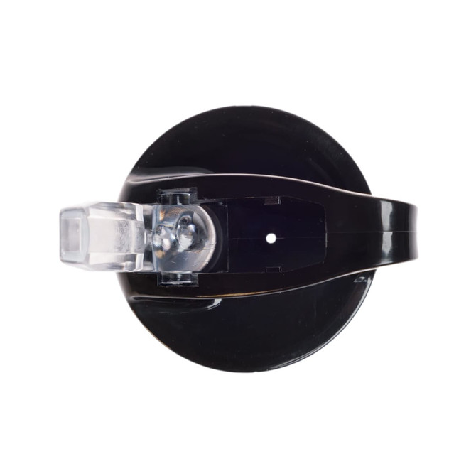 A drink bottle with a black body and a clear flip straw lid, featuring a logo on the side.