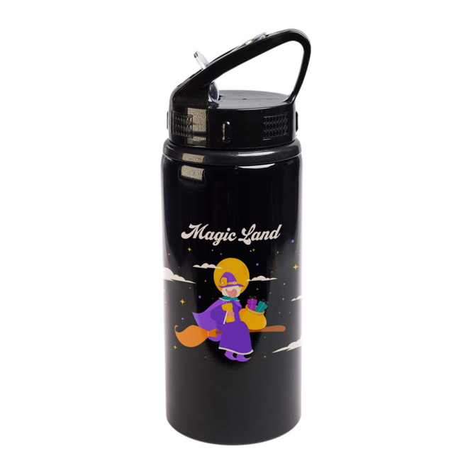 A drink bottle in black featuring a character from "Magic Land" with a flip straw lid.