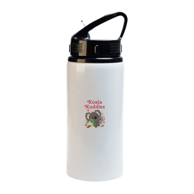 A drink bottle in white with a black flip straw lid and a cute koala design featuring the text "Koala Kuddles."