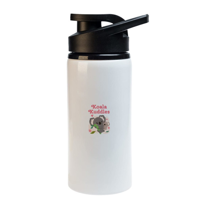 A drink bottle with a white body, black lid, and a design featuring a koala and "Koala Kuddles."