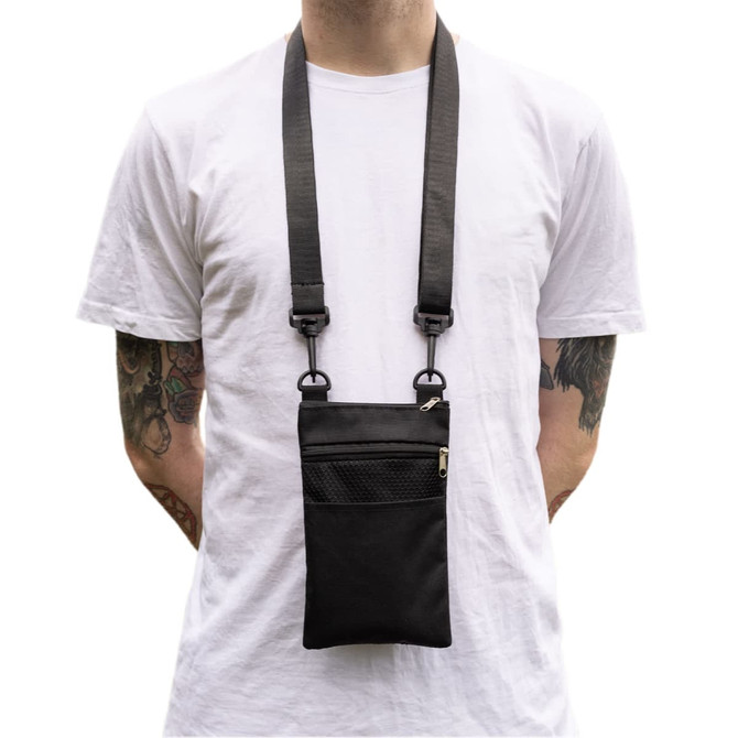 A black neck pouch with a strap, featuring a zippered pocket and additional mesh detailing.