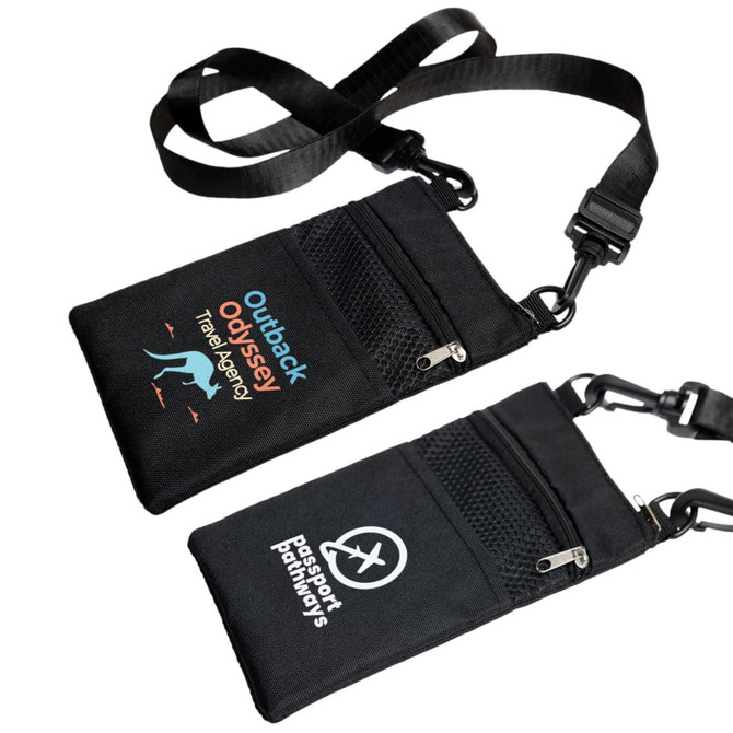 A black neck pouch with a strap, featuring two zippered compartments and logos on the front.